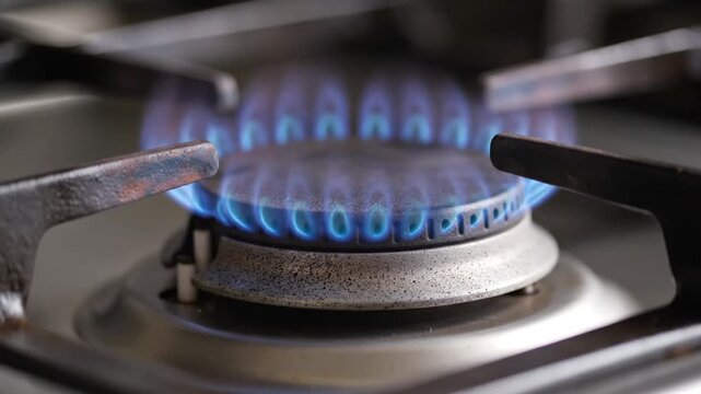 Close-up of a gas stove burner with blue flame ignition