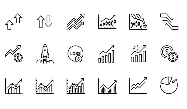 Increase and decrease line icons set with stock market profit growth and decline editable stroke vector
Keywords: