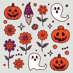  Halloween doodles with pumpkins, ghosts, and flowers isolated on transparent background