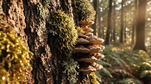 Sunlight shines on a tree trunk covered in moss and bracket fungi, showcasing a peaceful forest scene