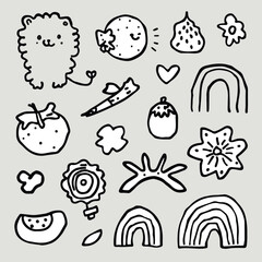  Set of cute doodle illustrations including animals, fruits, flowers, and symbols isolated on transparent background