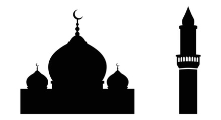 Silhouette of a mosque with a dome and a minaret in the background. Vector, illustration © Atique62