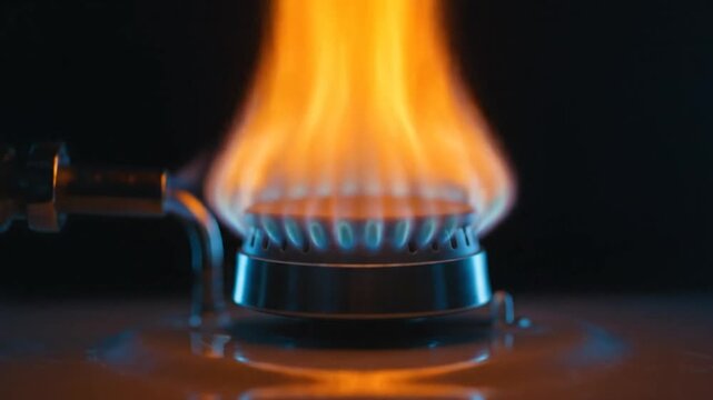 Close-up of Gas Burner Flame with Blue Glow and Sparks