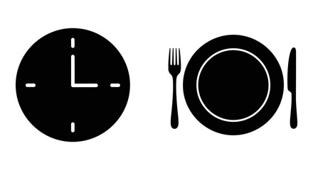 Silhouettes of a clock and a plate with cutlery against a plain background Vector, illustration