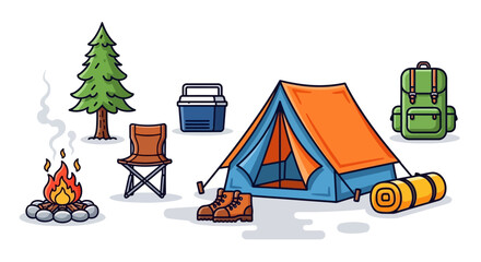 Vector illustration of camping equipment with tent and campfire © Rohim