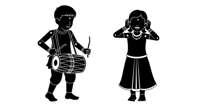 Traditional musicians playing percussion and wind instruments together in cultural attire Vector, illustration
