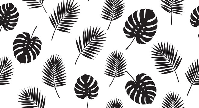 Minimal black and white tropical palm and monstera leaf seamless pattern