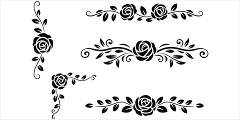 Obraz premium Black Silhouette Floral Ornaments with Roses and Swirling Leaves on White Background flourish scroll