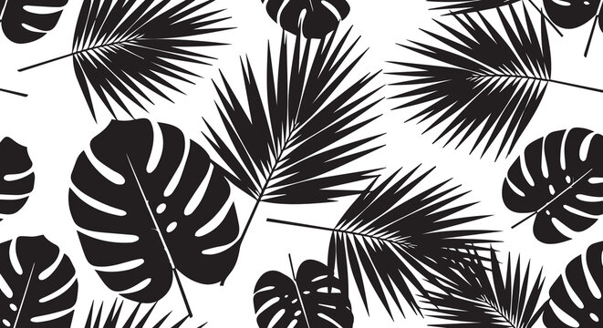 Bold black and white tropical palm and monstera leaf seamless pattern