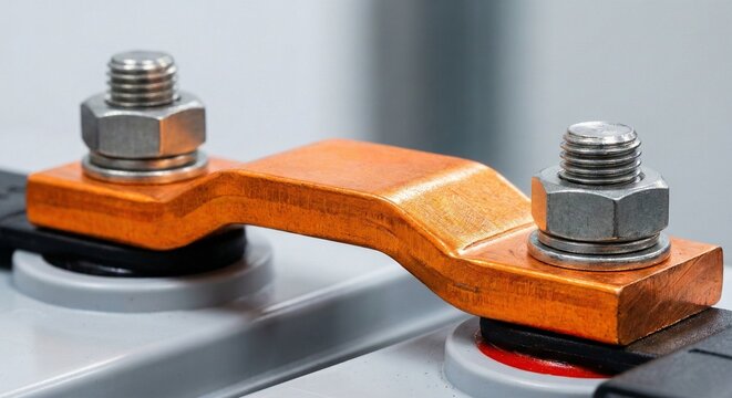 Close-up of a thick copper busbar connecting two large battery terminals with steel nuts and washers in a clean industrial environment
