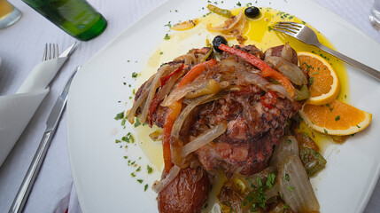 Stewed Octopus Traditional Style, Portuguese  Cuisine,  Portuguese Gastronomy, Madeira, Portugal, Europe © Al Carrera