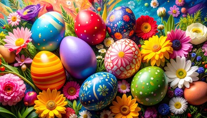 Easter Painted Eggs with Flowers and Decorative Elements