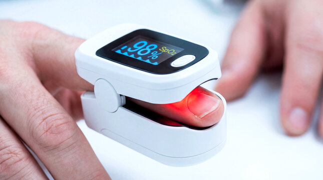 Close-up of a fingertip pulse oximeter displaying 98% oxygen saturation level