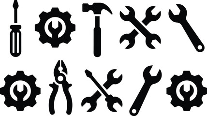 WebBlack silhouette vector illustration of assorted tools including screwdriver, hammer, pliers, wrenches, gear symbols, mechanical equipment design for repair, construction, maintenance themes