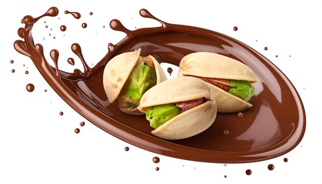 Pistachios with Chocolate Splash on White Background 60 70 Char