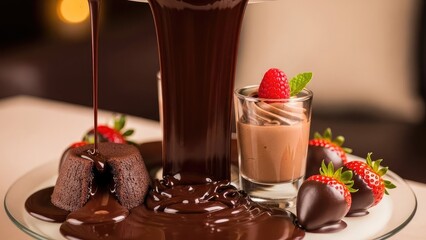 Rich chocolate lava cake with strawberries and chocolate sauce on a white plate