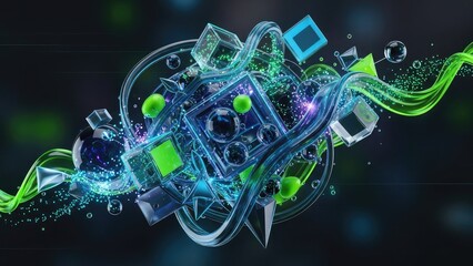 Vibrant digital art with swirling blue and green neon shapes glowing squares and dynamic abstract patterns on a dark background