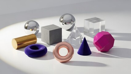 Colorful 3d geometric shapes arranged on white surface with dramatic lighting and shadows