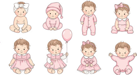 Obraz premium Cute Baby Girl Characters in Pink Outfits Cartoon Vector Set
