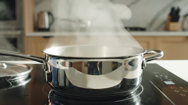 Close-up of Stainless Steel Pot Boiling on Electric Stove