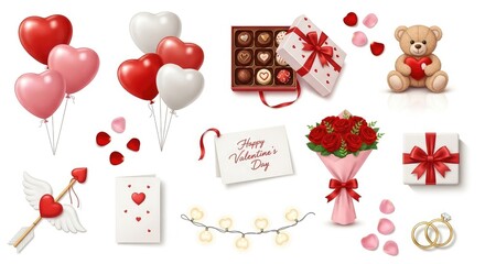 Valentine's day gifts and decorations heart balloons chocolates teddy bear flowers cards and jewelry on white background