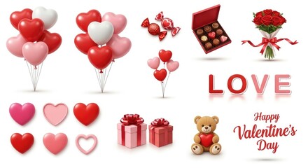 Valentine's day celebration with red and pink heart balloons gifts chocolates and teddy bear on white background
