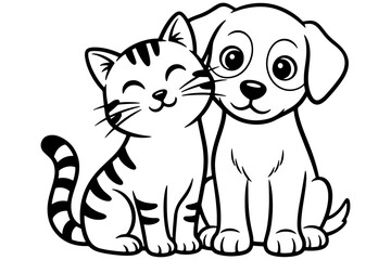 Obraz premium cartoon cat and dog, Animal Bond Illustration – Cute Cat & Dog Doodle Vector