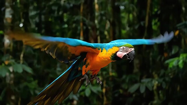 Vibrant macaw soaring through lush green jungle foliage with wings spread wide.