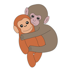 Punch monkey with toy mother isolated transparent background. Perfect for kids child t-shirt print zoo poster cover design and World Hugs Day card cover. Editable stroke Vector illustration EPS 10 © Olga Igumenova