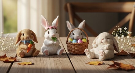 Four adorable ceramic bunnies on wooden table with easter eggs and autumn leaves warm indoor lighting