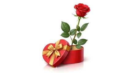 Red rose in heart shaped gift box with golden ribbon on white background romantic gesture for valentine's day or anniversary symbolizing love and affection