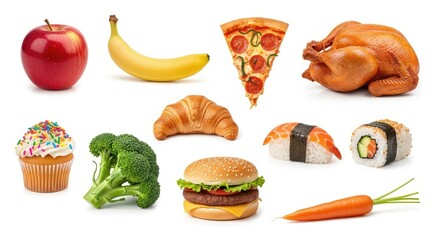 Assorted food items including fruits baked goods meat and healthy snacks arranged on a white background with varied textures and colors