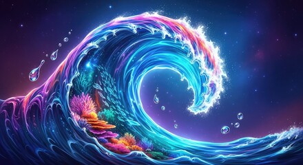 Vibrant ocean wave with colorful coral and sea creatures under starry night sky illuminated with neon blue and pink hues