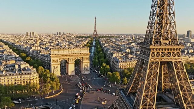 Explore the view of Paris with the Eiffel Tower and the Arc de Triomphe in the background during sunset