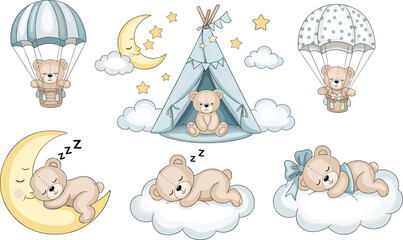 Cute Sleeping Teddy Bears with Moon Clouds and Teepee Vector Set © EdGe Creative