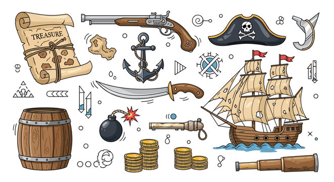 Collection of pirate adventure elements including a ship, treasure map, skull hat, weapons, coins, and nautical tools in doodle style.