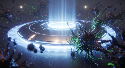 Obraz premium Robust digital shield and biological immunity system actively defending against viral threats and cyber-attacks, symbolizing powerful protection and security measures