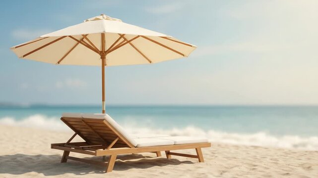 Beach chairs are set under a large umbrella on sandy terrain. The ocean is visible in the background