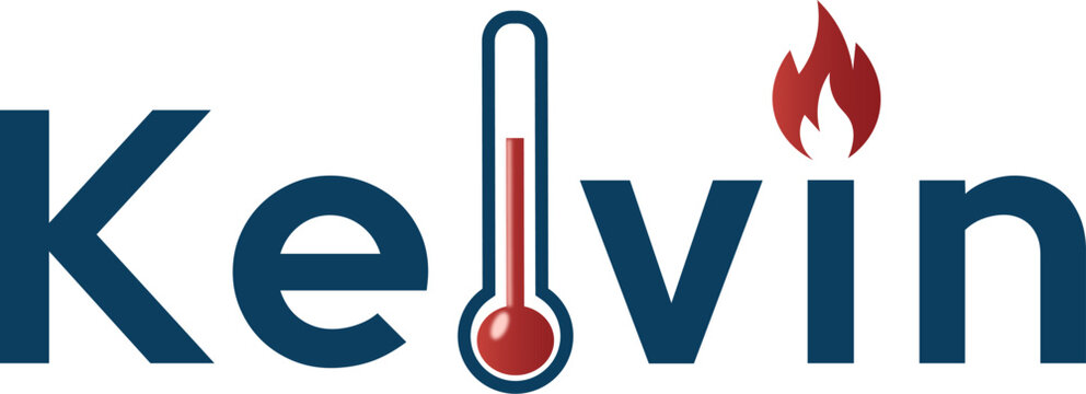 Modern HVAC Logo Design Featuring Kelvin Text with Thermometer and Fire Flame Icon