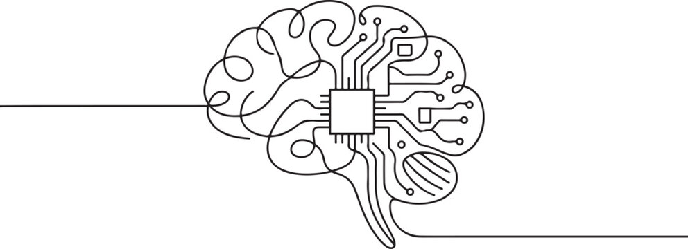 Continuous line design of computer circuit board in human brain. Artificial brain intelligence technology design concept. one line Icon drawing
