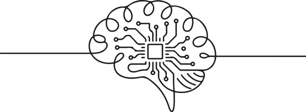 Continuous line design of computer circuit board in human brain. Artificial brain intelligence technology design concept. one line Icon drawing