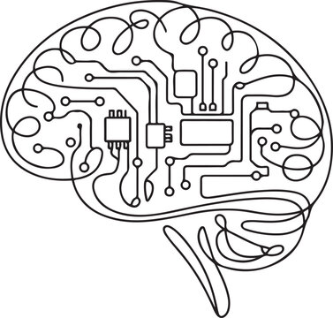 Continuous line design of computer circuit board in human brain. Artificial brain intelligence technology design concept. one line Icon drawing