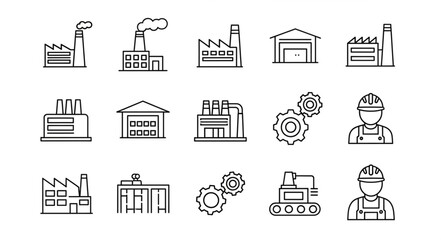 Industrial factory and gear icons representing manufacturing and engineering concepts.