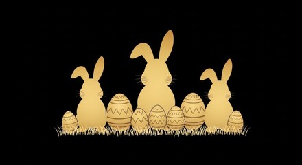 Three golden easter bunnies standing together with decorated eggs in grass on a black background festive holiday illustration