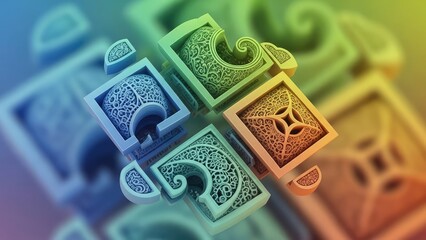 Intricate architectural elements with ornate patterns and vibrant colors in a close up view showcasing detailed craftsmanship and decorative designs