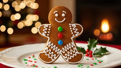 Gingerbread man cookie on a white plate with festive sprinkles and holly leaves christmas decoration and lights in the background