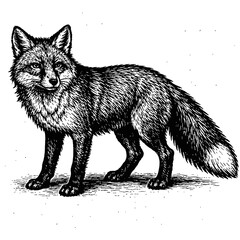 Obraz premium Magnificent black and white engraving of a majestic fox standing prominently, captured with intricate detail and a keen gaze. This vintage woodcut illustration portrays the wild canine's graceful form