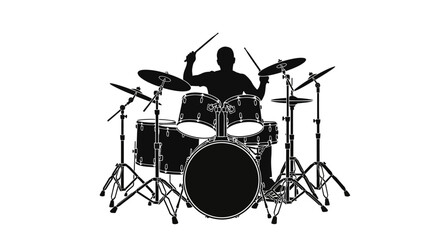 Silhouette of Drummer Playing Drum Set on White Background