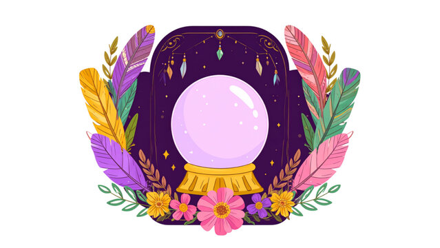 Boho Spiritual Tarot Card Back with Crystal Ball, Feathers, and Floral Elements, Flat Cartoon Vector, Isolated