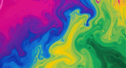 Vibrant abstract fluid art background with swirling colors of pink blue yellow and green creating a dynamic and mesmerizing visual effect